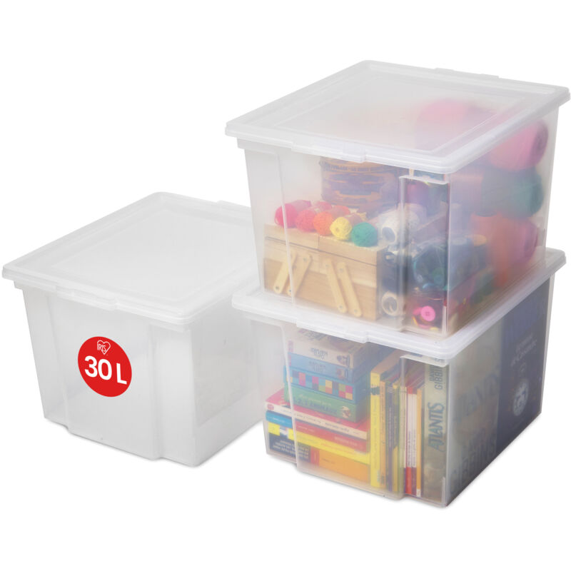 foto del prodotto scatole portaoggetti, 30l, set di 3, trasparente, chiusura facile, impilabile, plastica trasparente, per armadio, scaffali, organizzazione, vestiti,