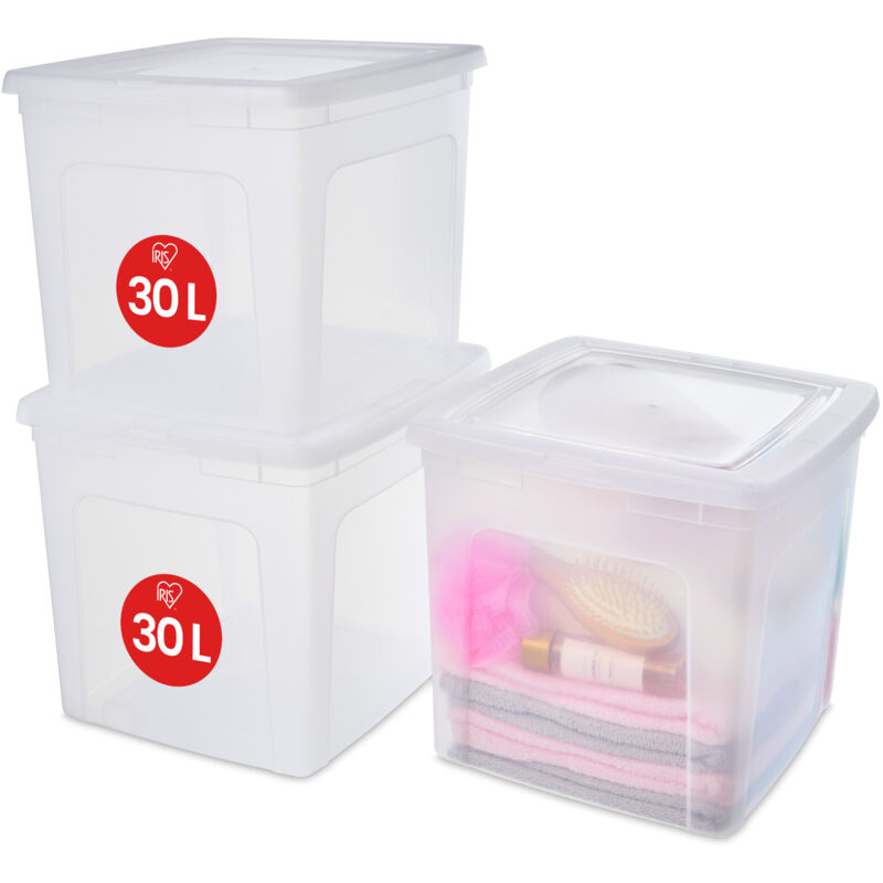 foto del prodotto scatole portaoggetti, 30l, set di 3, trasparente, chiusura facile, impilabile, plastica trasparente, per armadio, scaffali, scuola, organizzazione,