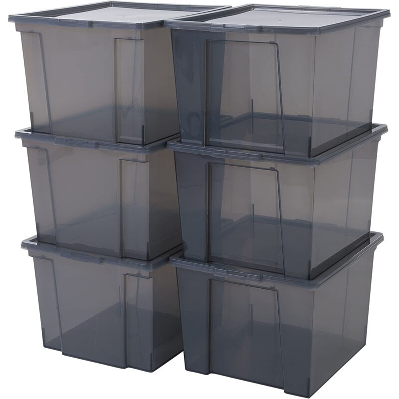foto del prodotto scatole portaoggetti, 30l, set di 6, grigio, chiusura facile, impilabile, plastica trasparente, per armadio, scaffali, organizzazione, vestiti,