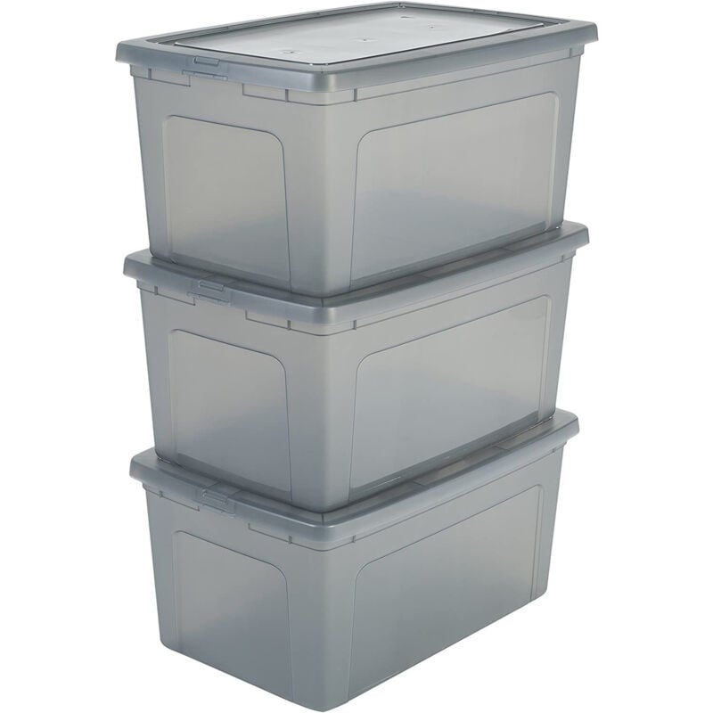 foto del prodotto scatole portaoggetti, 50l, set di 3, grigio, chiusura facile, impilabile, plastica trasparente, per armadio, scaffali, scuola, organizzazione,