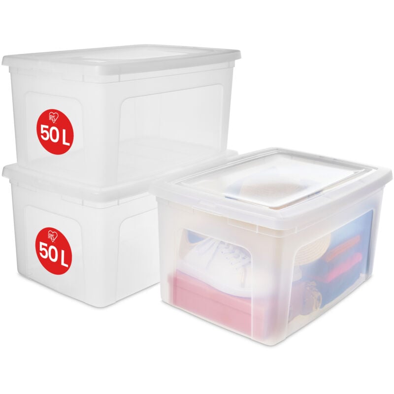 foto del prodotto scatole portaoggetti, 50l, set di 3, trasparente, chiusura facile, impilabile, plastica trasparente, per armadio, scaffali, scuola, organizzazione,