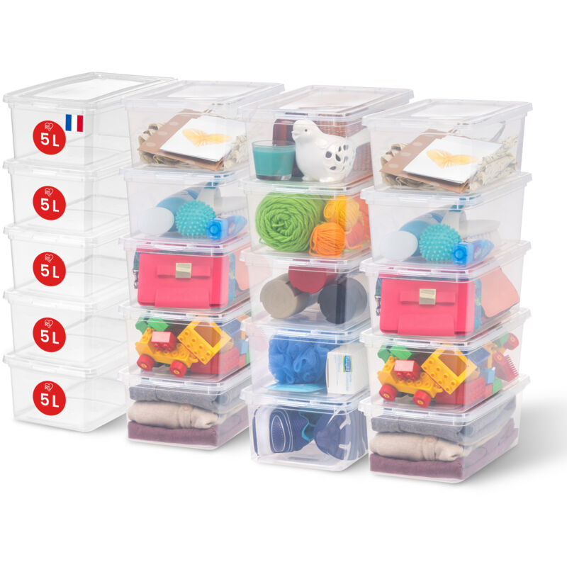 foto del prodotto scatole portaoggetti, 5l, set di 20, trasparente, chiusura facile, impilabile, plastica trasparente, per armadio, scaffali, scuola, organizzazione,