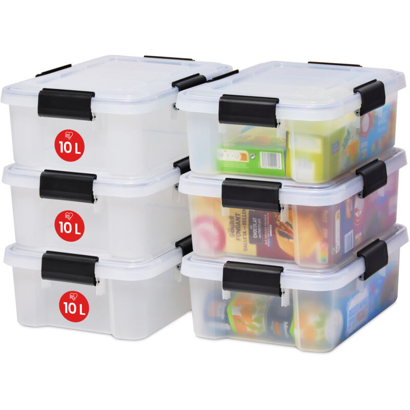 foto del prodotto scatole portaoggetti ermetiche in plastica, 10l, set di 6, trasparente, coperchio impermeabile, con chiusura, impilabile, per esterni, garage,