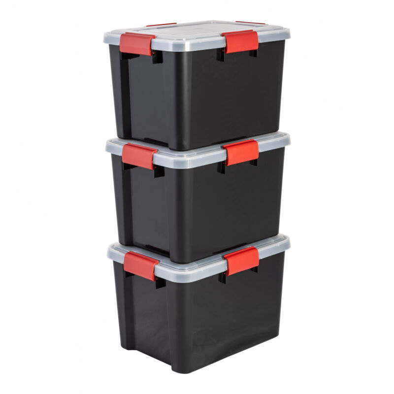 foto del prodotto scatole portaoggetti ermetiche in plastica, 20l, set di 3, nero, coperchio impermeabile, con chiusura, impilabile, per esterni, garage, vestiti,