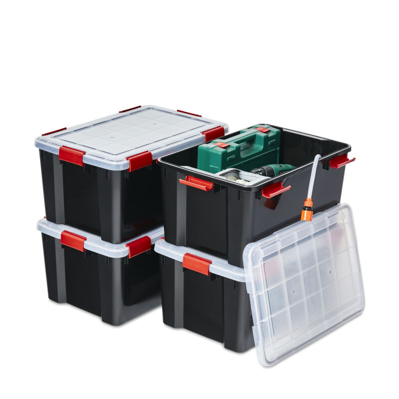 foto del prodotto scatole portaoggetti ermetiche in plastica, 50l, set di 4, nero, coperchio impermeabile, con chiusura, impilabile, per esterni, garage, vestiti,