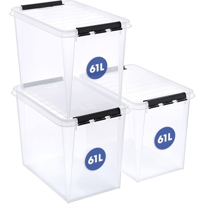 foto del prodotto scatole portaoggetti grandi in plastica con coperchio, 61 l, confezione da 3, rinforzate, trasparenti, 10 anni, sicure per alimenti, con chiusura a