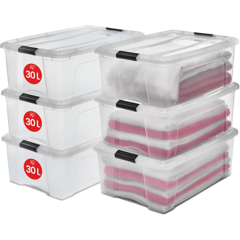 foto del prodotto scatole portaoggetti in con coperchio, 30l, lotto di 6, trasparente, clip di bloccaggio, empilabile, maniglia, per camera, armadio, ufficio,