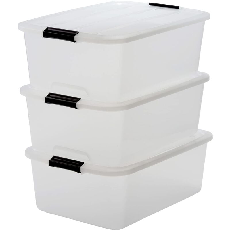 foto del prodotto scatole portaoggetti in plastica con coperchio, 30l, lotto di 3, trasparente, con chiusura a clip, empilabile, solido, per armadio, garage, casa,