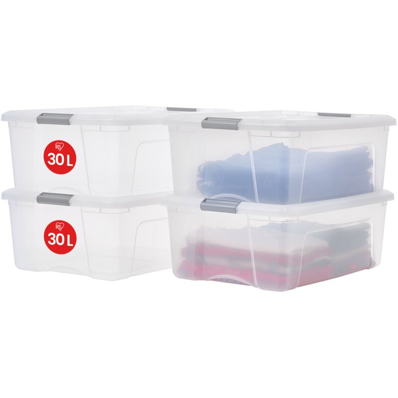foto del prodotto scatole portaoggetti in plastica con coperchio, 30l, lotto di 4, argento, clip di bloccaggio, empilabile, maniglia, per camera, armadio, ufficio,