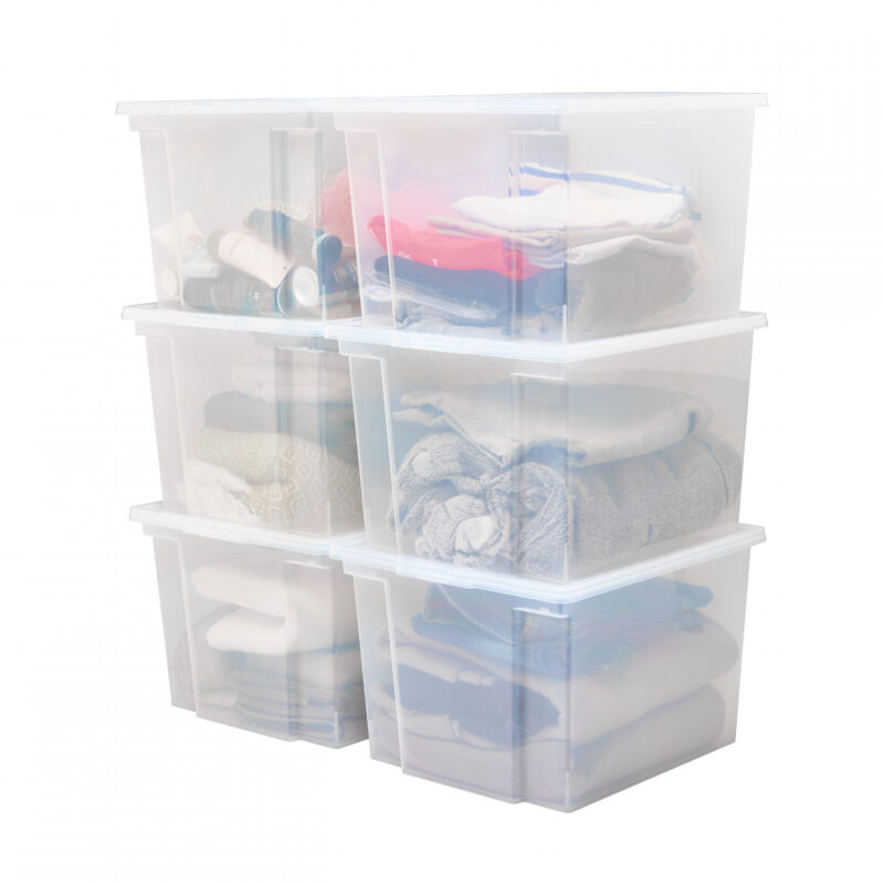 foto del prodotto scatole portaoggetti in plastica con coperchio da 30 l, lotto di 6 grandi scatole impilabili, senza bpa, lavanderia, ufficio, usb m, trasparente