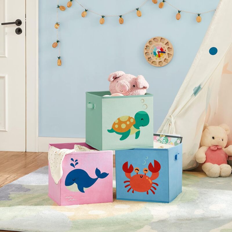 foto del prodotto scatole portaoggetti per bambini, set di 3 contenitori per giochi pieghevoli con maniglie, cameretta e stanza dei giochi, tema marino, 30 x 30 x 30