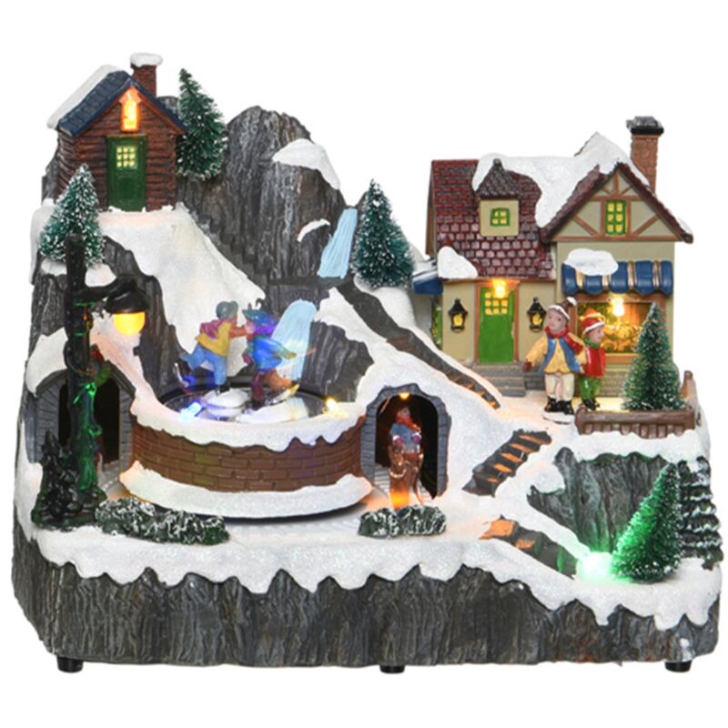 foto del prodotto scena animata a led paesaggio di montagna con casa di bambini, decorazione da 23 cm