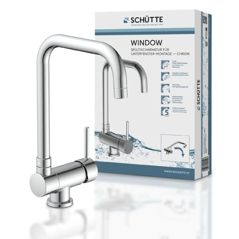 foto del prodotto sch tte 24550 cucina window, sottofinestra, lavello davanti, rubinetto miscelatore monocomando girevole a 360 per finestra, cromo