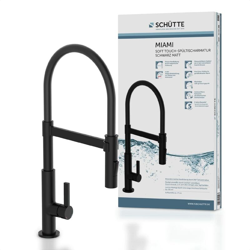 foto del prodotto sch tte 79147 360 con tubo soft touch, monocomando con doccetta magnetica estraibile, miscelatore per lavello, rubinetto da cucina, nero opaco