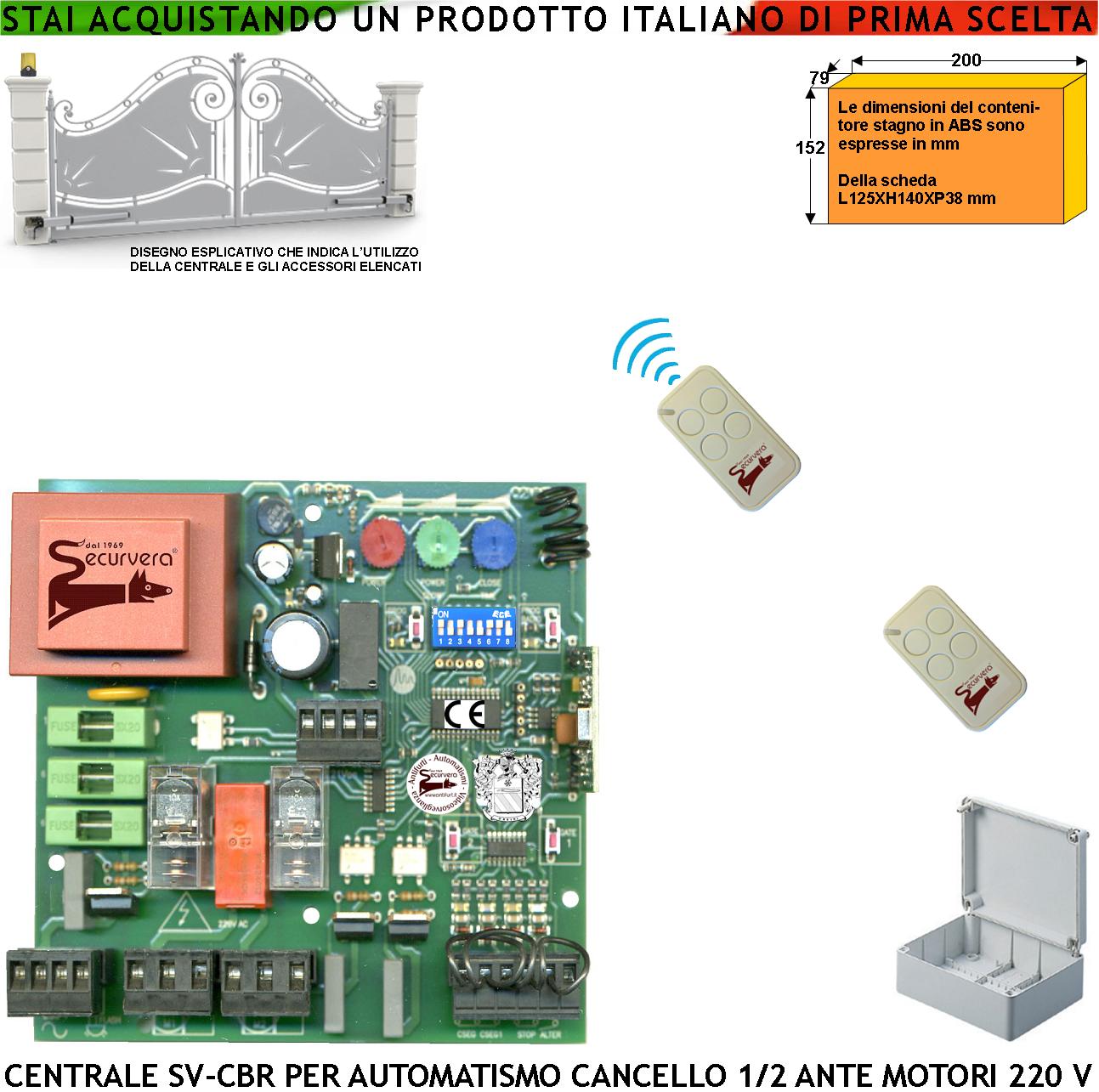foto del prodotto scheda cancello 2 ante battente 220 v 50 hz contenitore ip55 incorpora ricevente 433,92 mhz 2 radiocomando 4 canali apprende 254 codici univoci 8 funzioni regolazioni tempi forza memorizza corsa e rallentamenti comando serratura