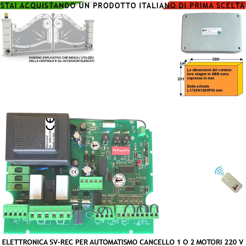 foto del prodotto scheda elettronica cancello 1 2 ante battenti 230 v con ricevente radio 433,92 mhz radiocomando r.c. selezione funzione luce cortesia apertura