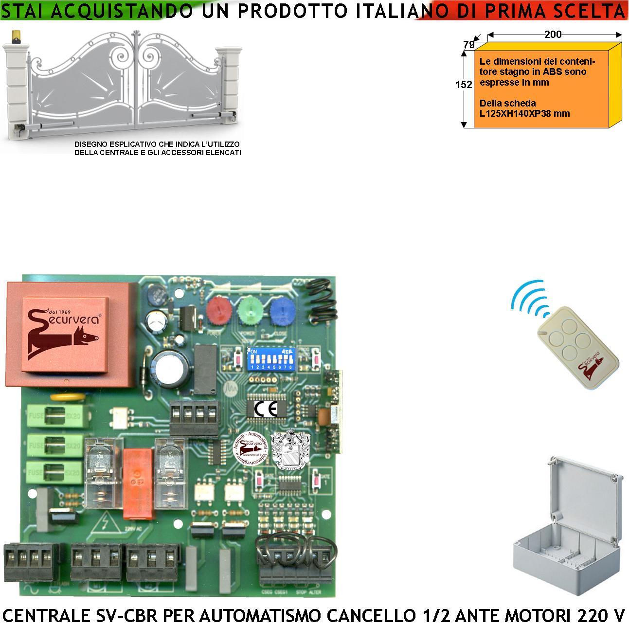 foto del prodotto scheda elettronica cancello 2 ante battente 220 v 50 hz contenitore ip55 incorpora ricevente 433,92 mhz 1 radiocomando 4 canali apprende 254 codici 8 funzioni regolazioni tempi forza memorizza corsa rallentamenti comando serratura