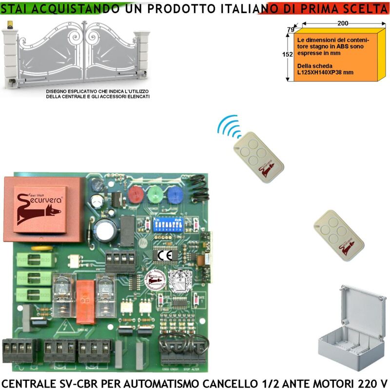 foto del prodotto scheda elettronica cancello 2 ante battente 220 v 50 hz contenitore ip55 incorpora ricevente 433,92 mhz 2 radiocomando 4 canali apprende 254 codici 8