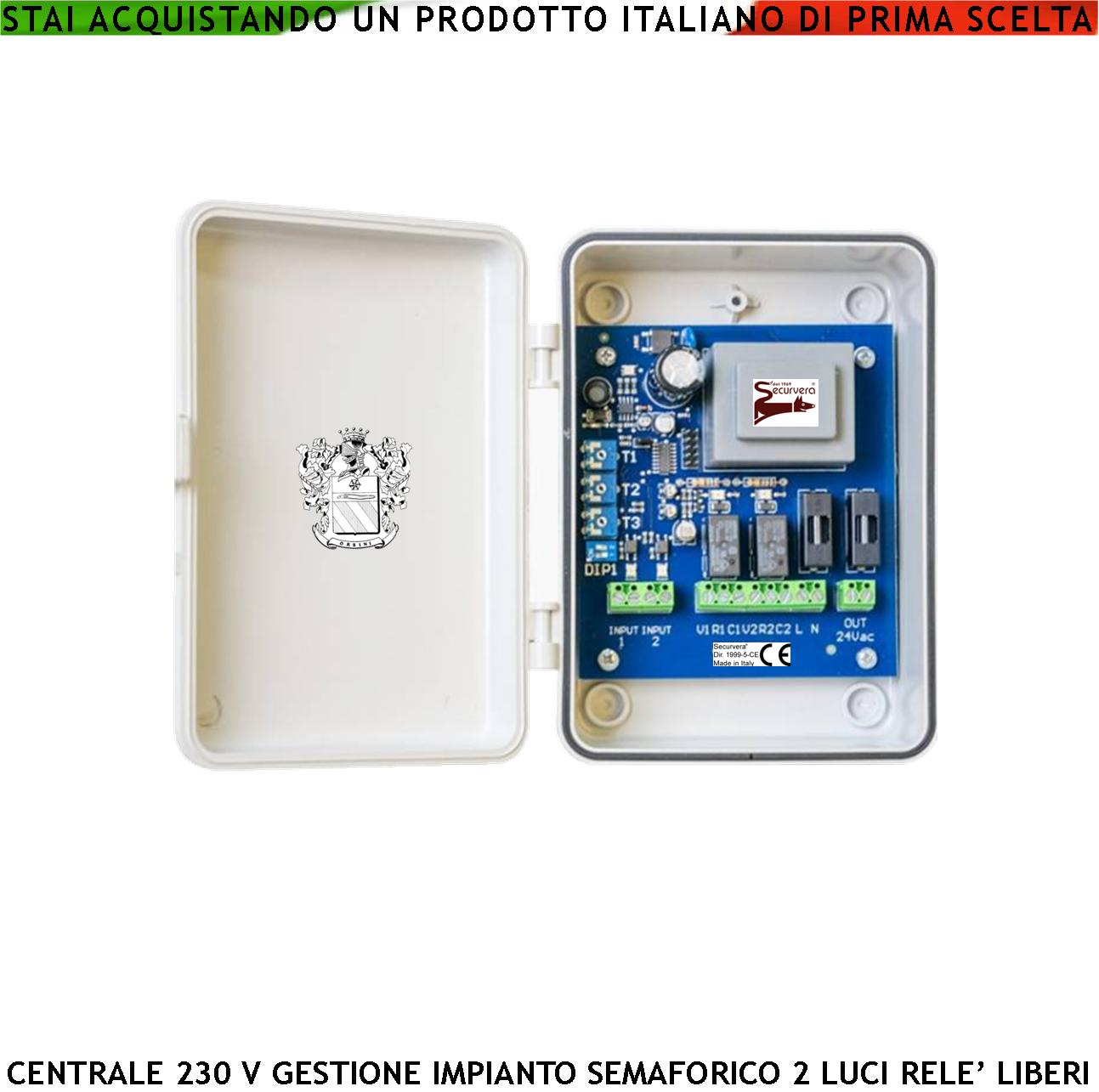 foto del prodotto scheda elettronica comando 2 semafori 2 luci alimentazione separata funzione ciclica o prenotazione 2 ingressi x sensori transito tempi da 3 a 120 secon. uscita 24 v contenitore abs ip55 misure h167l125p73 mm aliment. 230 v uso rampa garage