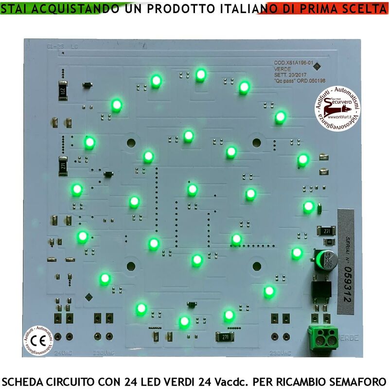 foto del prodotto scheda elettronica con 24 led verdi alta luminosit alimentazione 24 vacdc 3 w ricambio per semaforo luce verde puntiforme semafori omologati a led