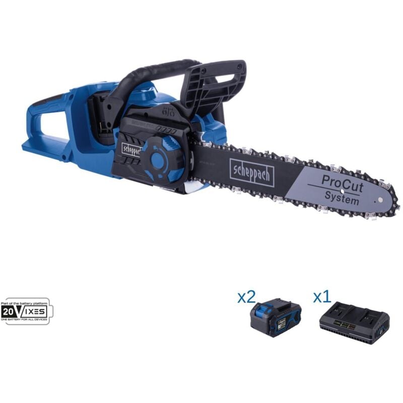 foto del prodotto scheppach motosega 2x20v 2 batterie doppio caricatore ixes bc cs355duo x