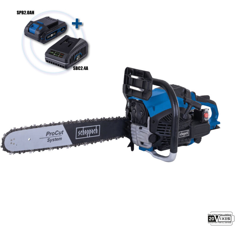 foto del prodotto scheppach motosega a scoppio 56cc accensione a batteria barra procut 51 cm pcs56