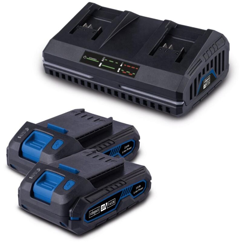 foto del prodotto scheppach startekit con 2 batterie 20v 2.0ah e doppio caricatore 2.4a serie ixes