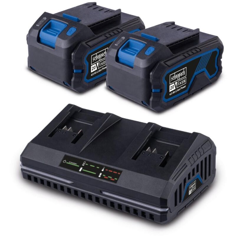 foto del prodotto scheppach startekit con 2 batterie 20v 4.0ah e doppio caricatore 2.4a serie ixes