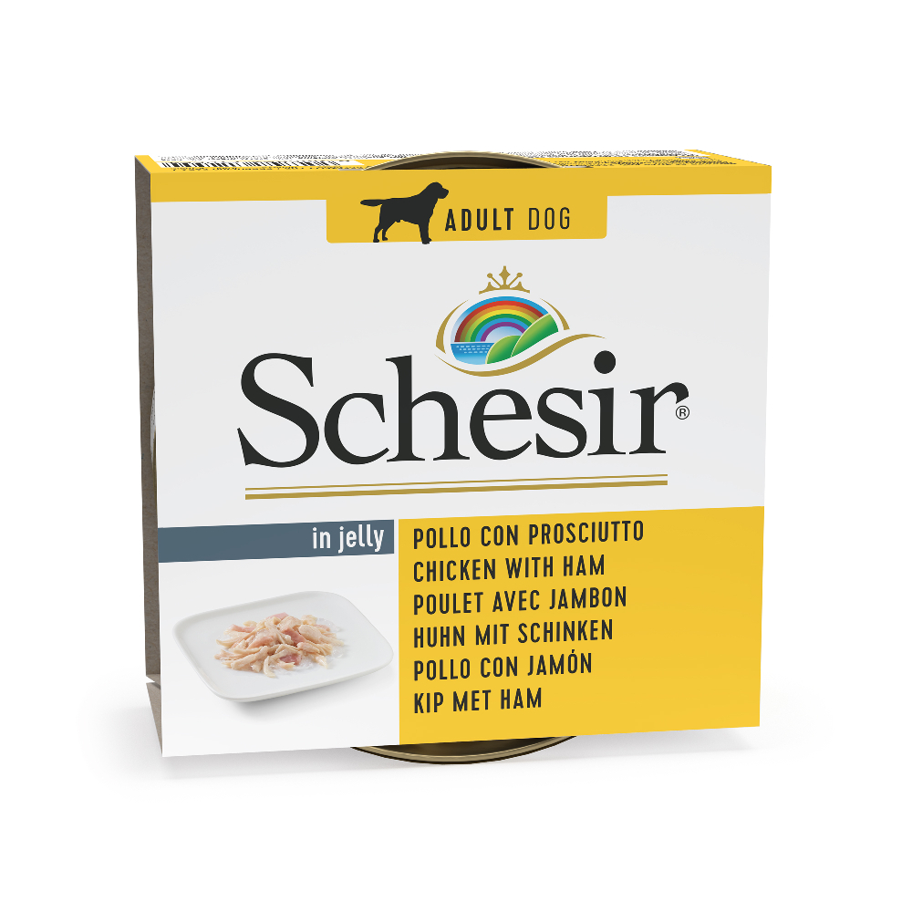 foto del prodotto schesir 6 x 150 g alimento umido per cani pollo con prosciutto