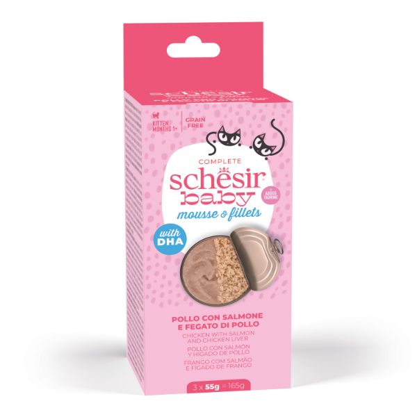 foto del prodotto schesir baby cat mousse e filetti grain free multipack 3x55 g pollo con salmone e fegato di pollo 1 ordine scegli lo sconto bzr5 bzr20 200 punti fedelt 