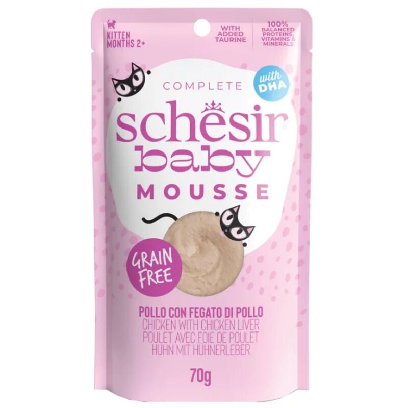 foto del prodotto schesir baby mousse 12 x 70 g umido per gatto pollo con fegato di pollo