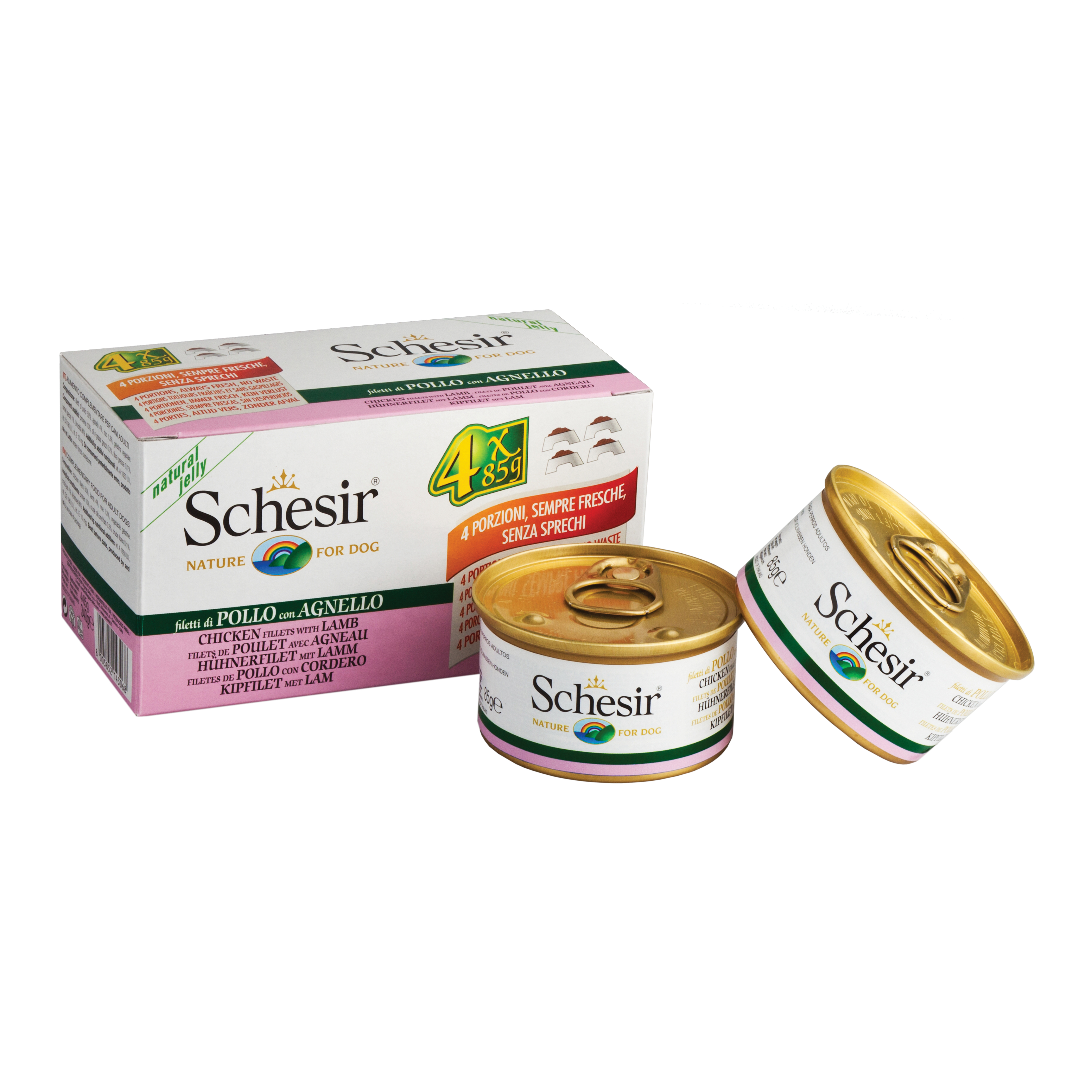 foto del prodotto schesir cane lattina in jelly multipack adulto filetti di pollo amp agnello cf. 4x85 gr