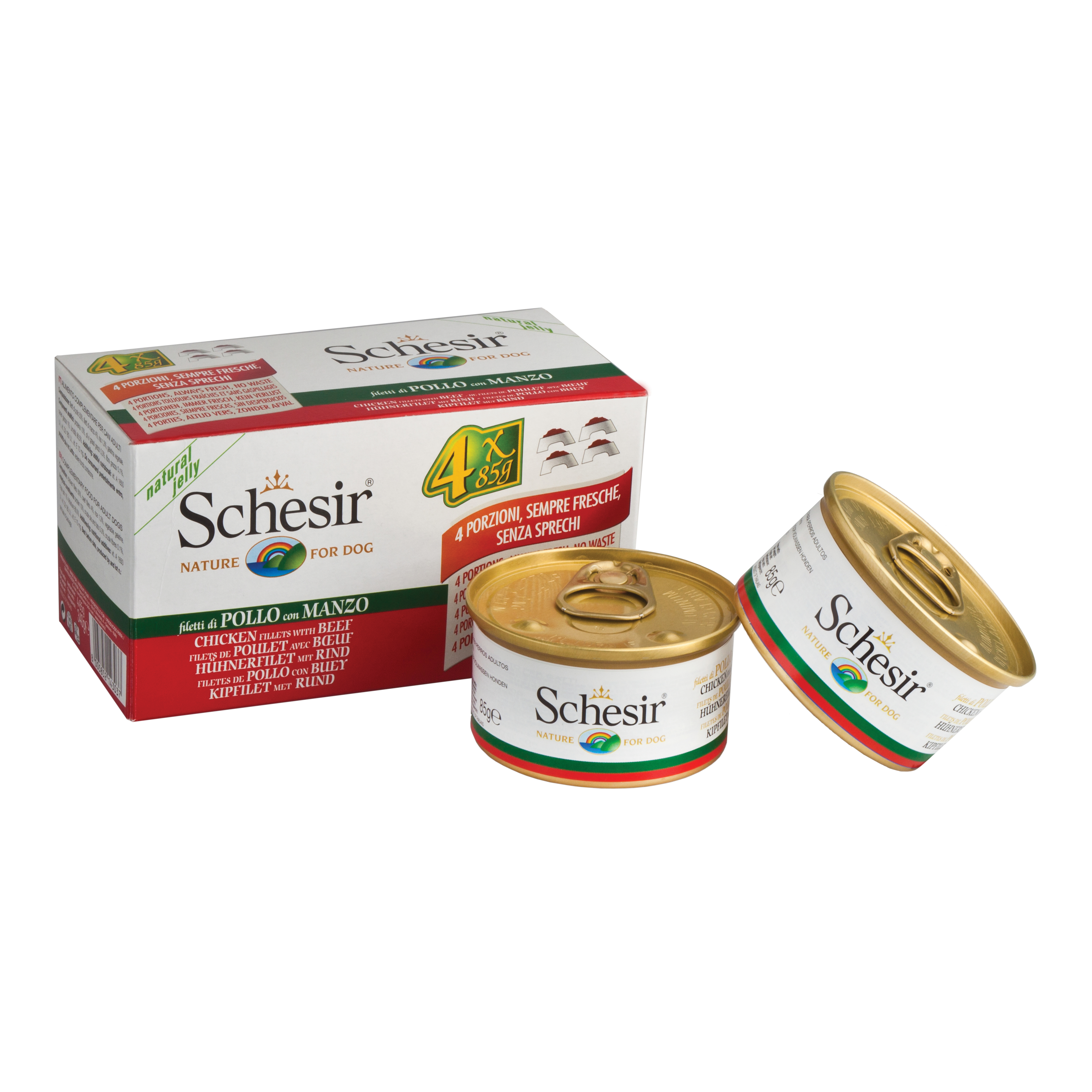 foto del prodotto schesir cane lattina in jelly multipack adulto filetti di pollo amp manzo cf. 4x85 gr