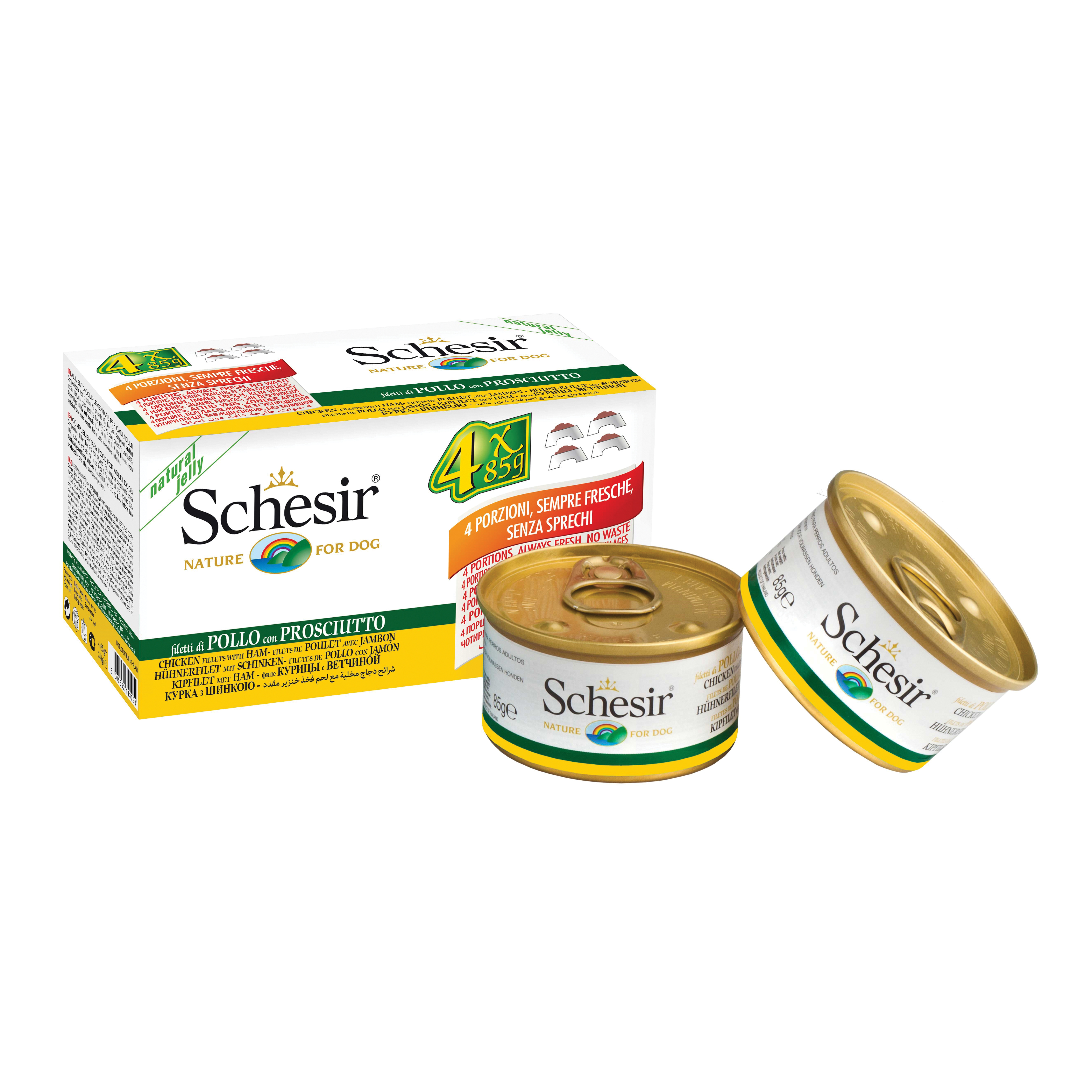 foto del prodotto schesir cane lattina in jelly multipack adulto filetti di pollo amp prosciutto cf. 4x85 gr