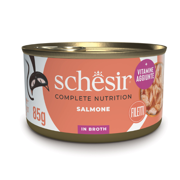 foto del prodotto schesir cat adult acqua di cottura al naturale lattina 85 gr - salmone - confezione da 6 pezzi - cibo umido per gatti - 1 ordine scegli lo sconto bzr5 bzr20 200 punti fedeltà