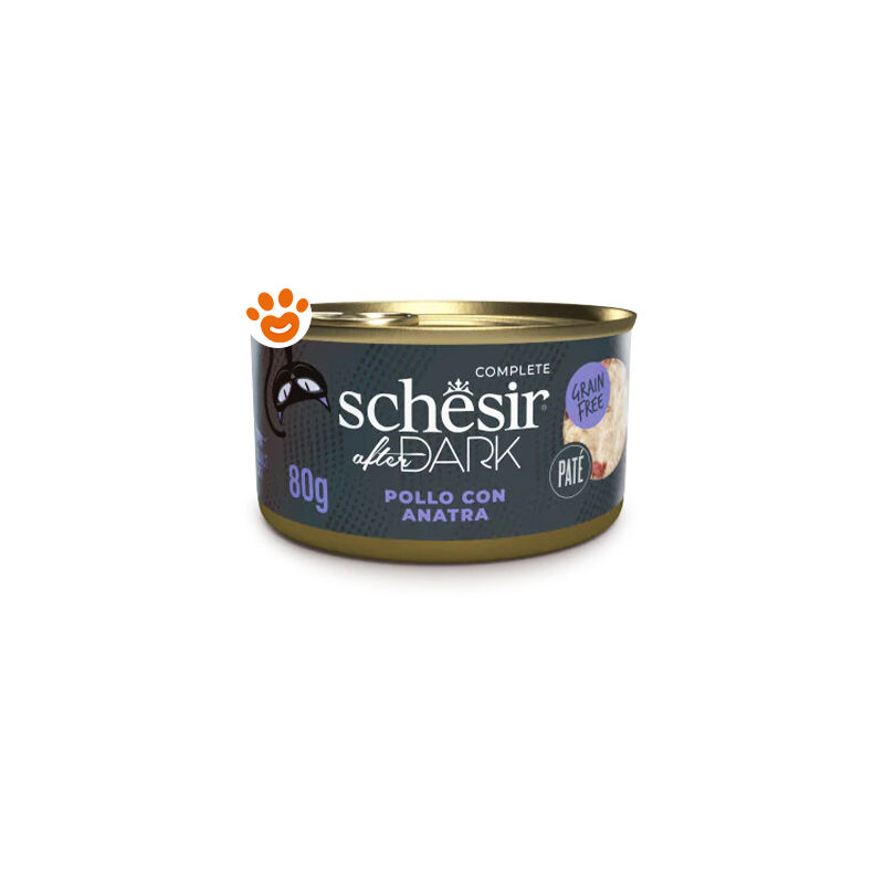 foto del prodotto schesir cat after dark complete pat di pollo con anatra cat after dark complete pat di pollo con anatra lattina da 80 gr