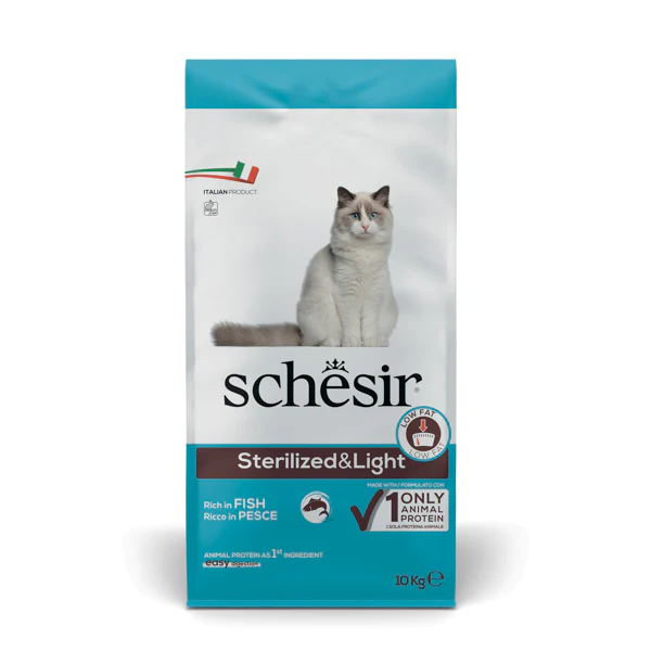 foto del prodotto schesir cat dry sterilised light pesce 10 kg cibo monoproteico gatto 1 ordine scegli lo sconto bzr5 bzr20 200 punti fedelt 