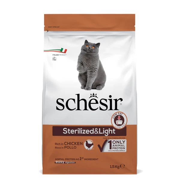 foto del prodotto schesir cat dry sterilized and light pollo 1,5 kg cibo monoproteico gatto 1 ordine scegli lo sconto bzr5 bzr20 200 punti fedelt 