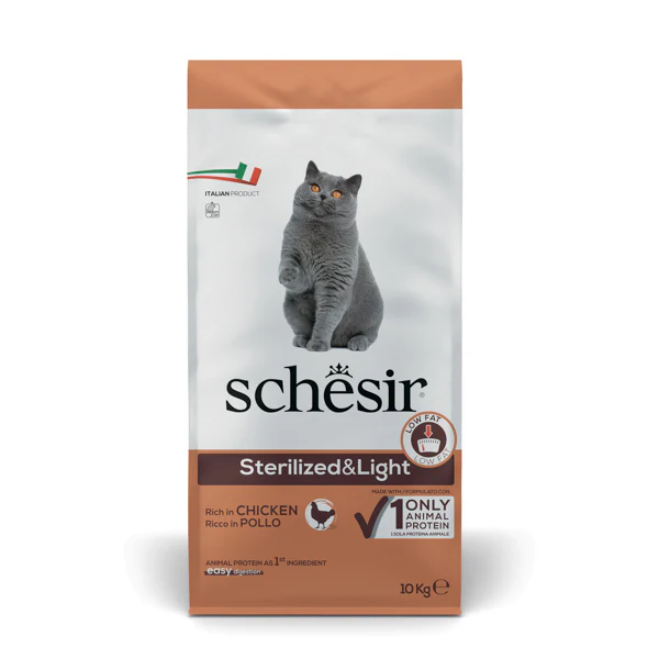 foto del prodotto schesir cat dry sterilized and light pollo - 10 kg - cibo monoproteico gatto - 1 ordine scegli lo sconto bzr5 bzr20 200 punti fedeltà