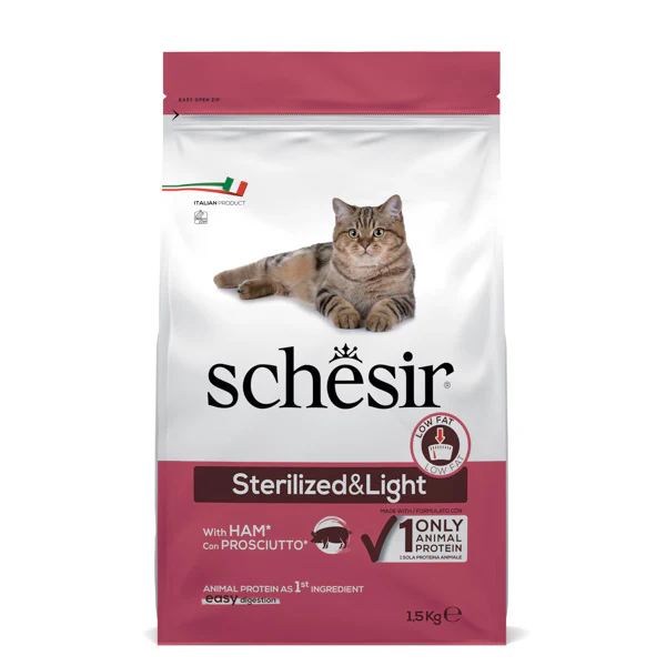 foto del prodotto schesir cat dry sterilized and light prosciutto 1,5 kg cibo monoproteico gatto 1 ordine scegli lo sconto bzr5 bzr20 200 punti fedelt 