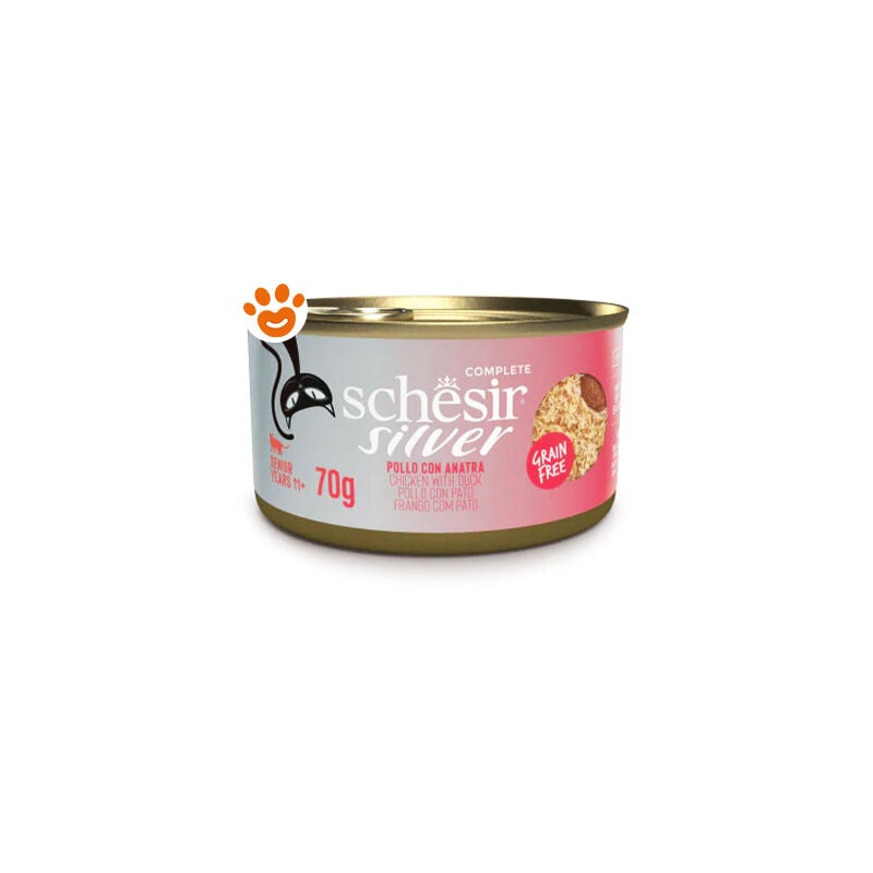 foto del prodotto schesir cat senior silver filetti di pollo con anatra schesir cat senior silver filetti di pollo con anatra lattina da 70 gr