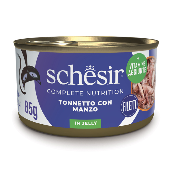 foto del prodotto schesir cat soft adult filetti in gelatina alimento completo lattina 85 gr - tonnetto con manzo - confezione da 6 pezzi - cibo umido per gatti - 1 ordine scegli tra bzr5 / bzr20 + 200 pt fedeltà