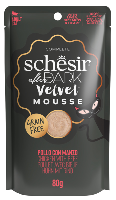 foto del prodotto schesir gatto after dark velvet mousse adulto pollo amp manzo busta 80 gr