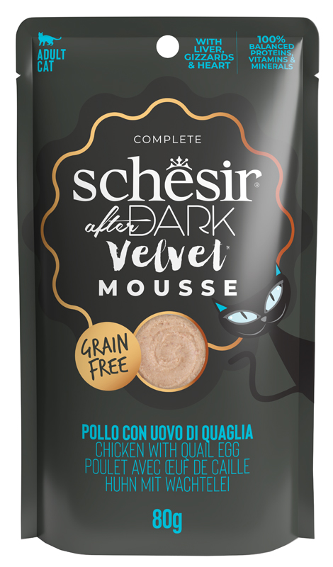 foto del prodotto schesir gatto after dark velvet mousse adulto pollo amp uovo di quaglia busta 80 gr