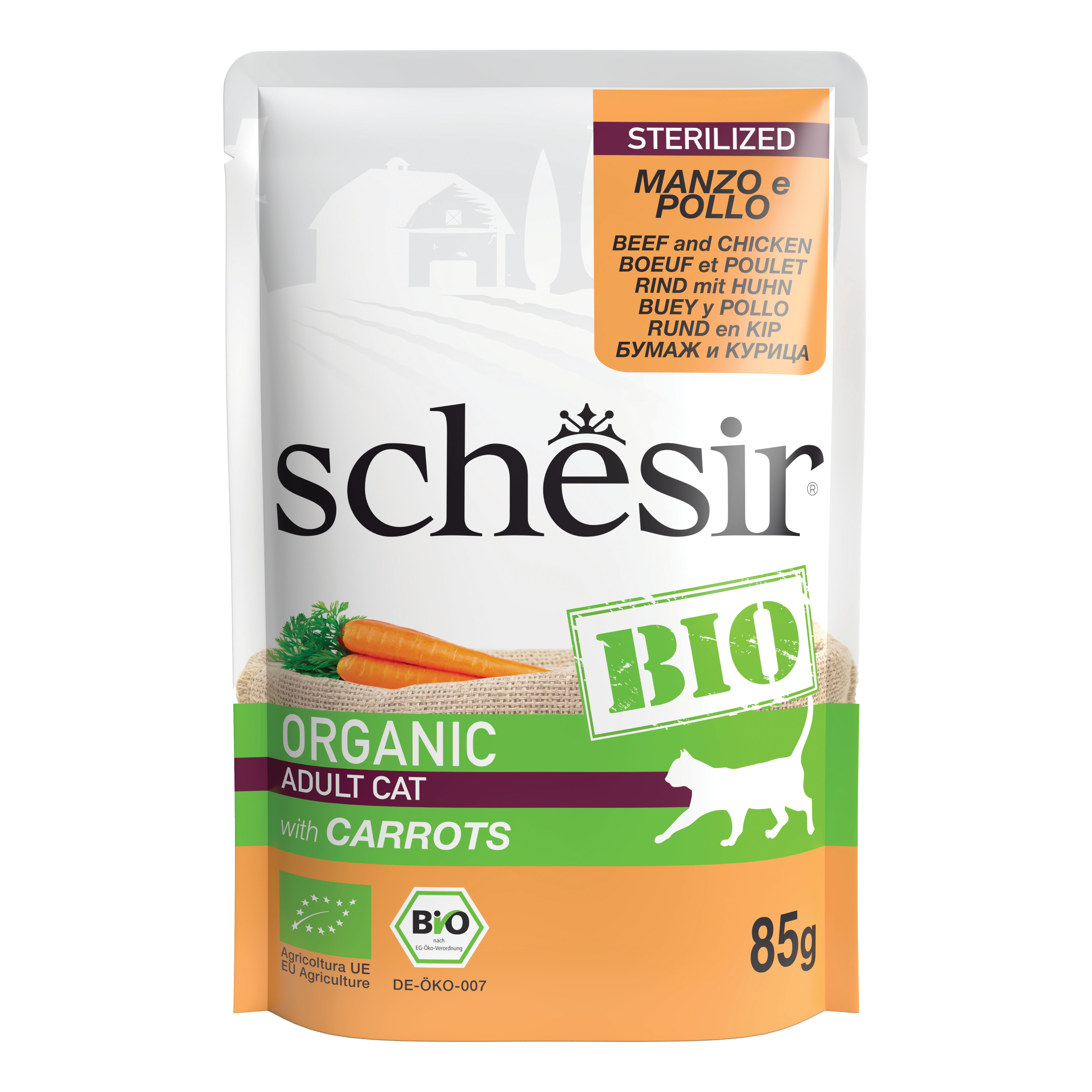 foto del prodotto schesir gatto bio organic busta adulto sterilizzato manzo, pollo amp carote 85 gr