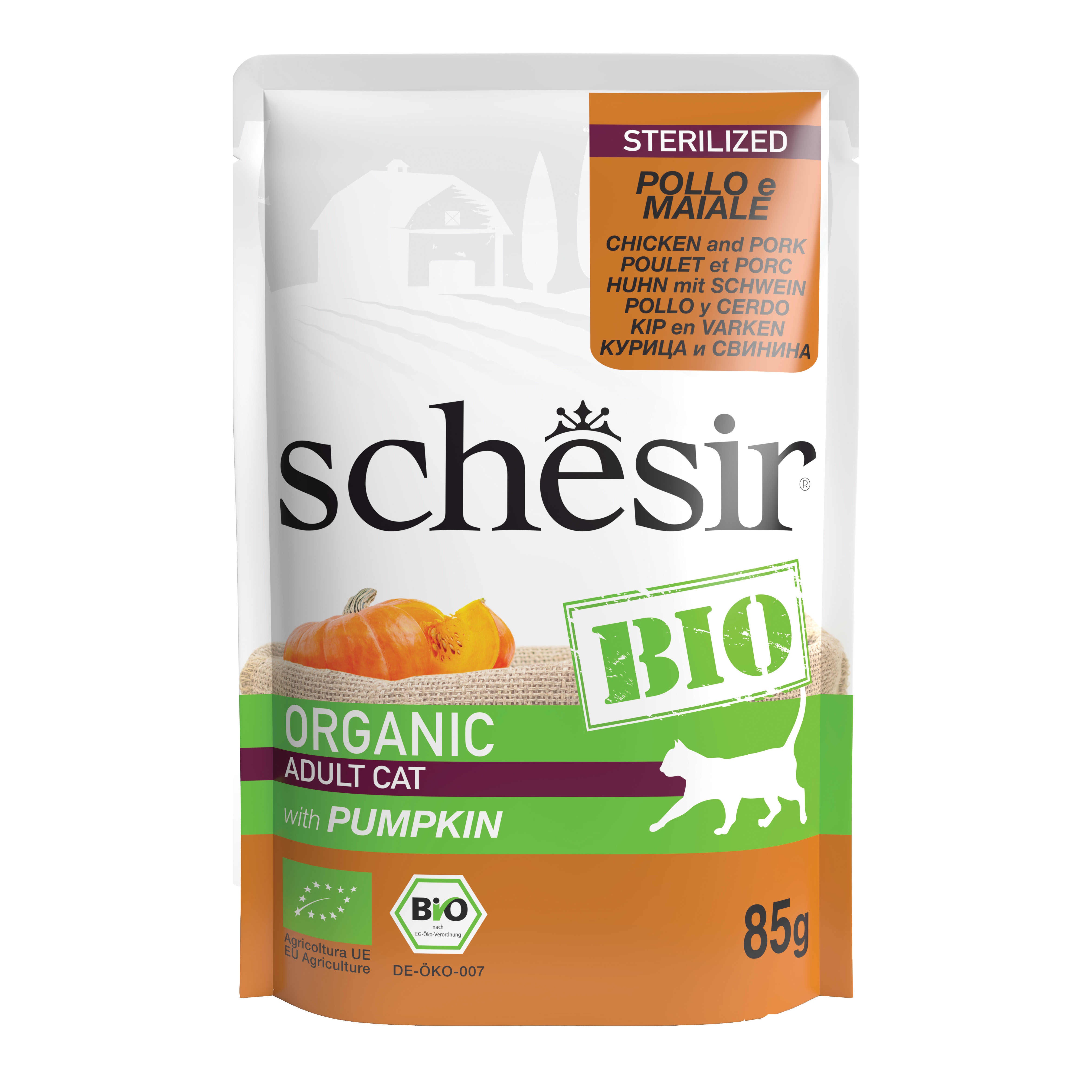 foto del prodotto schesir gatto bio organic busta adulto sterilizzato pollo, maiale amp zucca 85 gr