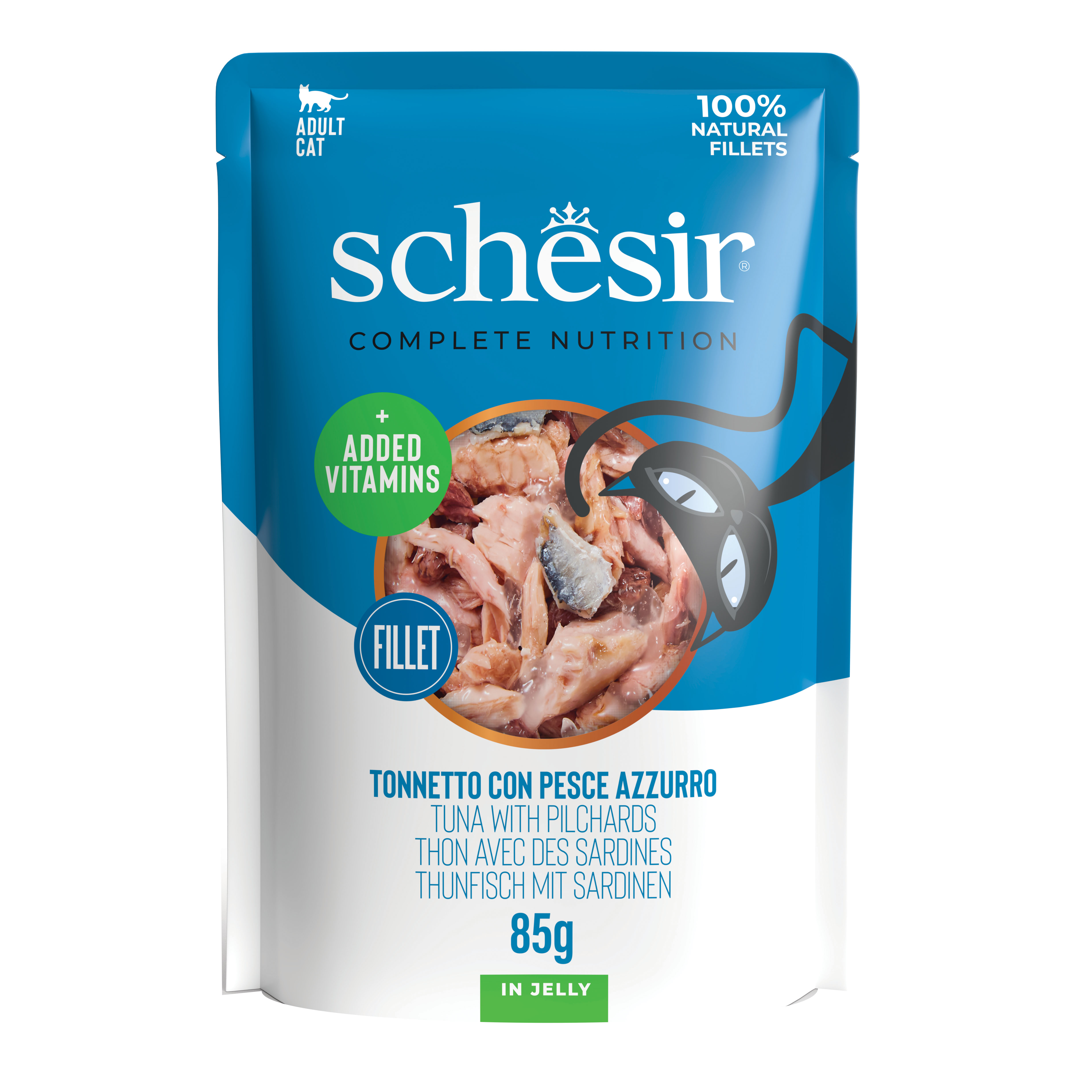 foto del prodotto schesir gatto busta in jelly adulto tonnetto amp pesce azzurro 85 gr