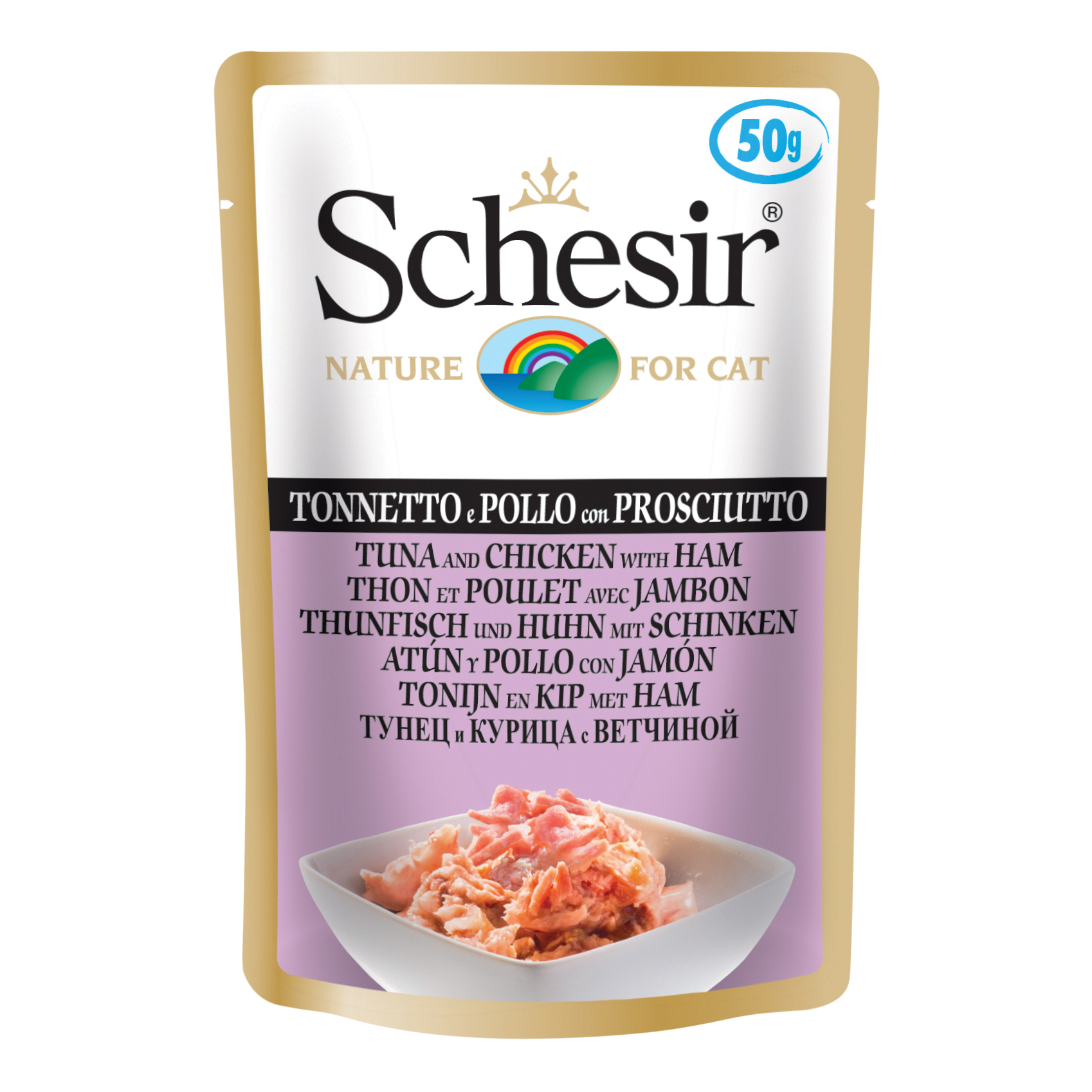 foto del prodotto schesir gatto busta in jelly adulto tonnetto, pollo amp prosciutto 50 gr