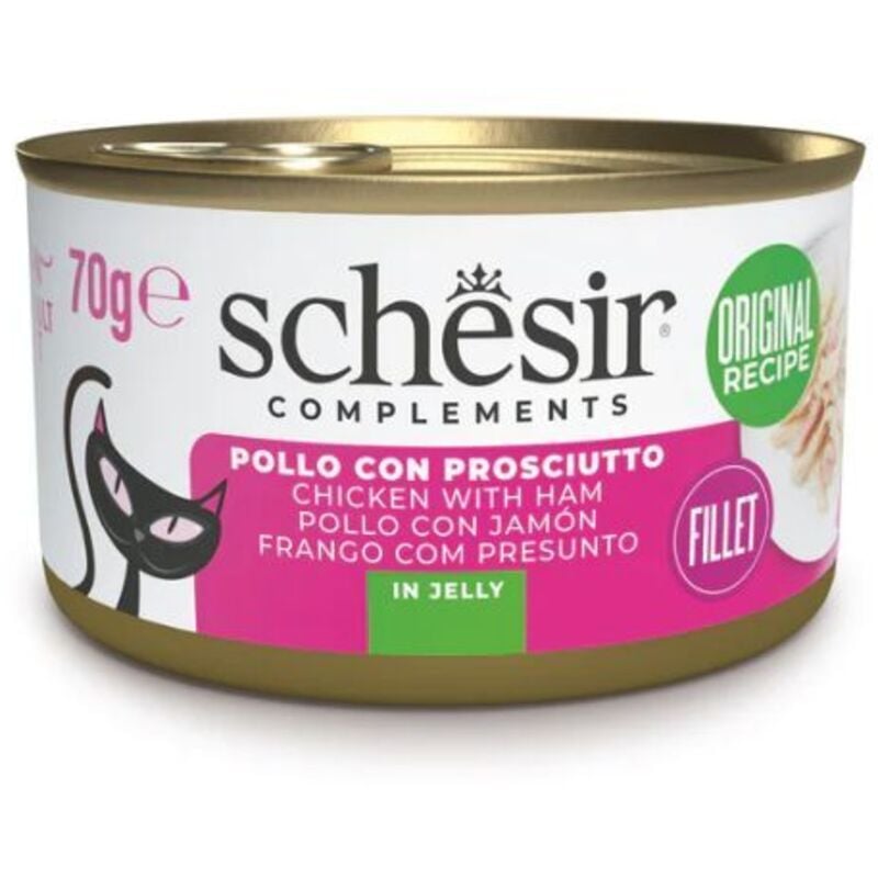 foto del prodotto schesir gatto jelly lattina 70gr filetti di pollo con prosciutto