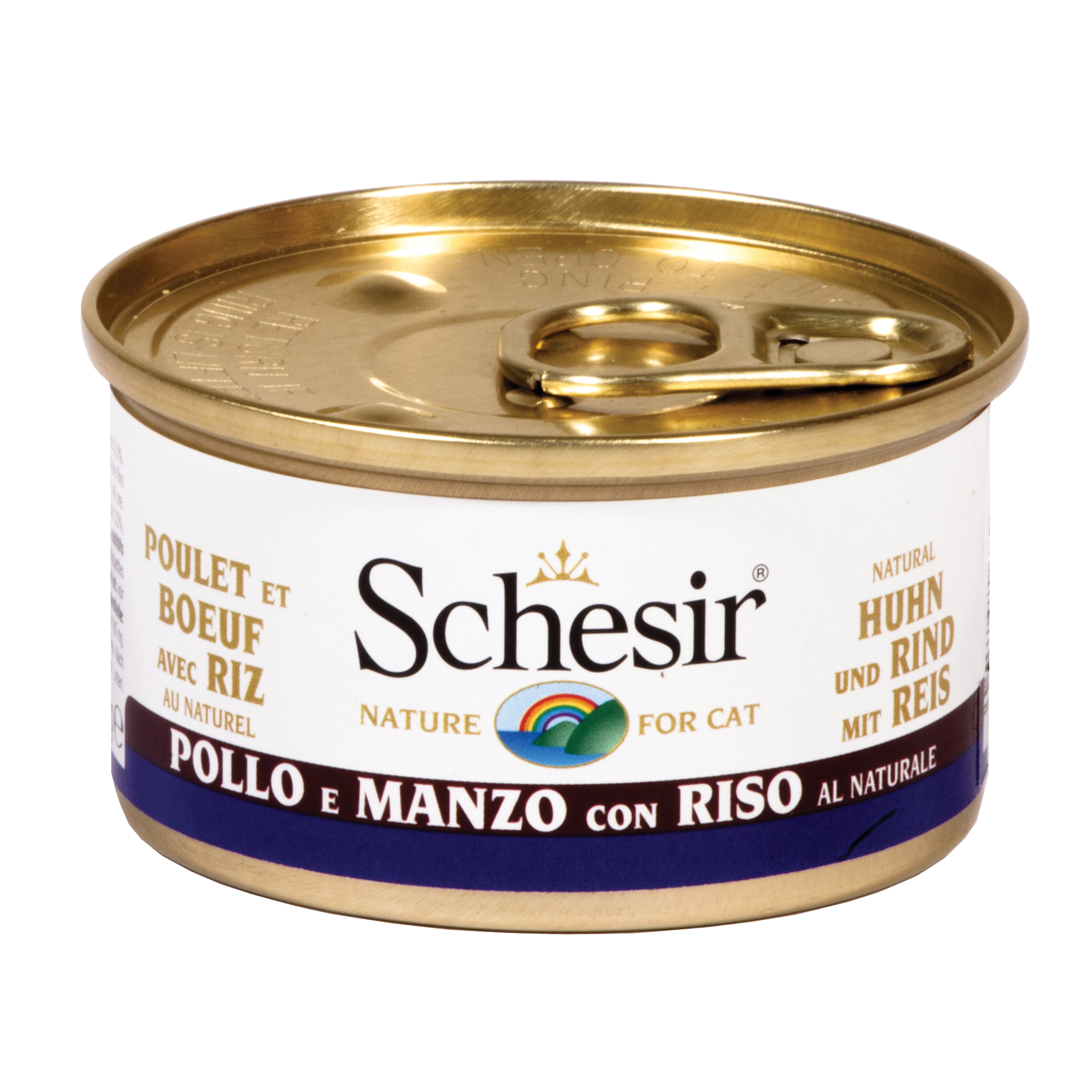 foto del prodotto schesir gatto lattina in acqua di cottura adulto pollo, manzo amp riso 85 gr